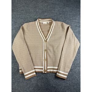 CYRUS tan and cream houndstooth cardigan with gold buttons. Size XL